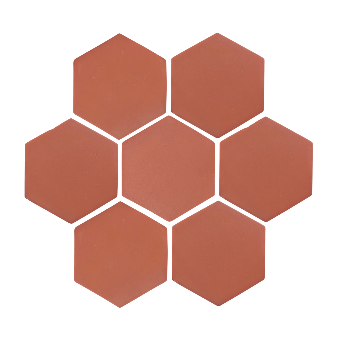 Earthen red Barro hexagon tile by Clay Imports, arranged in a seven-tile cluster with white grout lines.