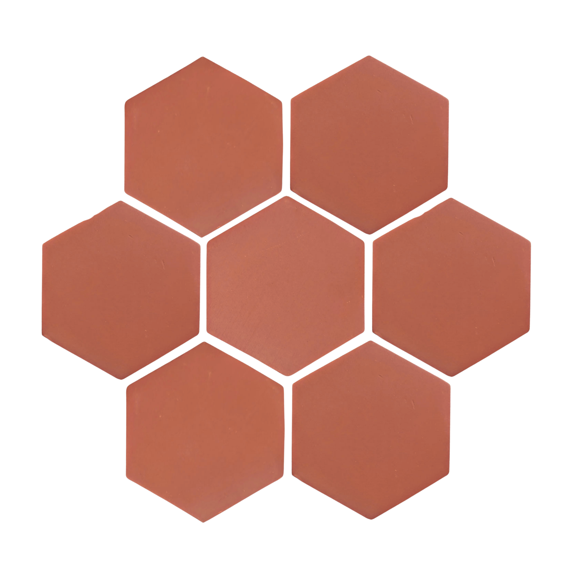 Earthen red Barro hexagon tile by Clay Imports, arranged in a seven-tile cluster with white grout lines.