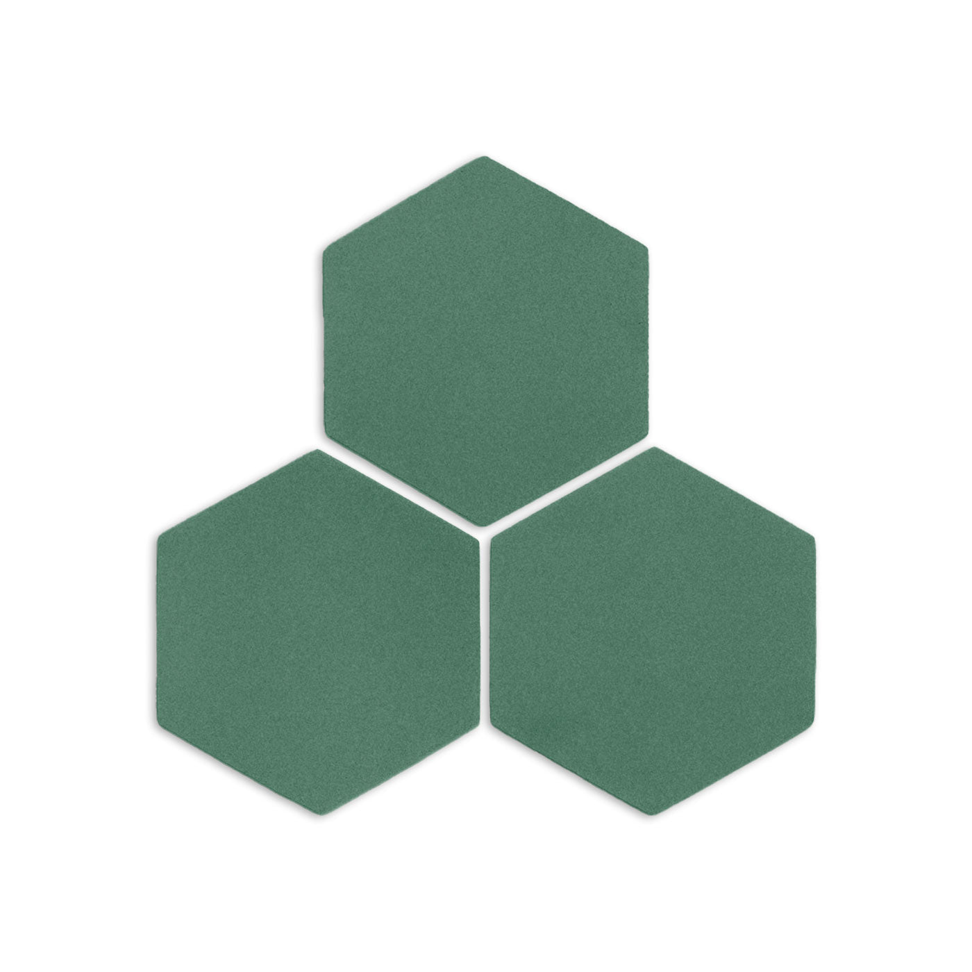 Cilantro green hexagon clay tiles by Clay Imports arranged in a cluster of three on a white background with a matte, textured surface.