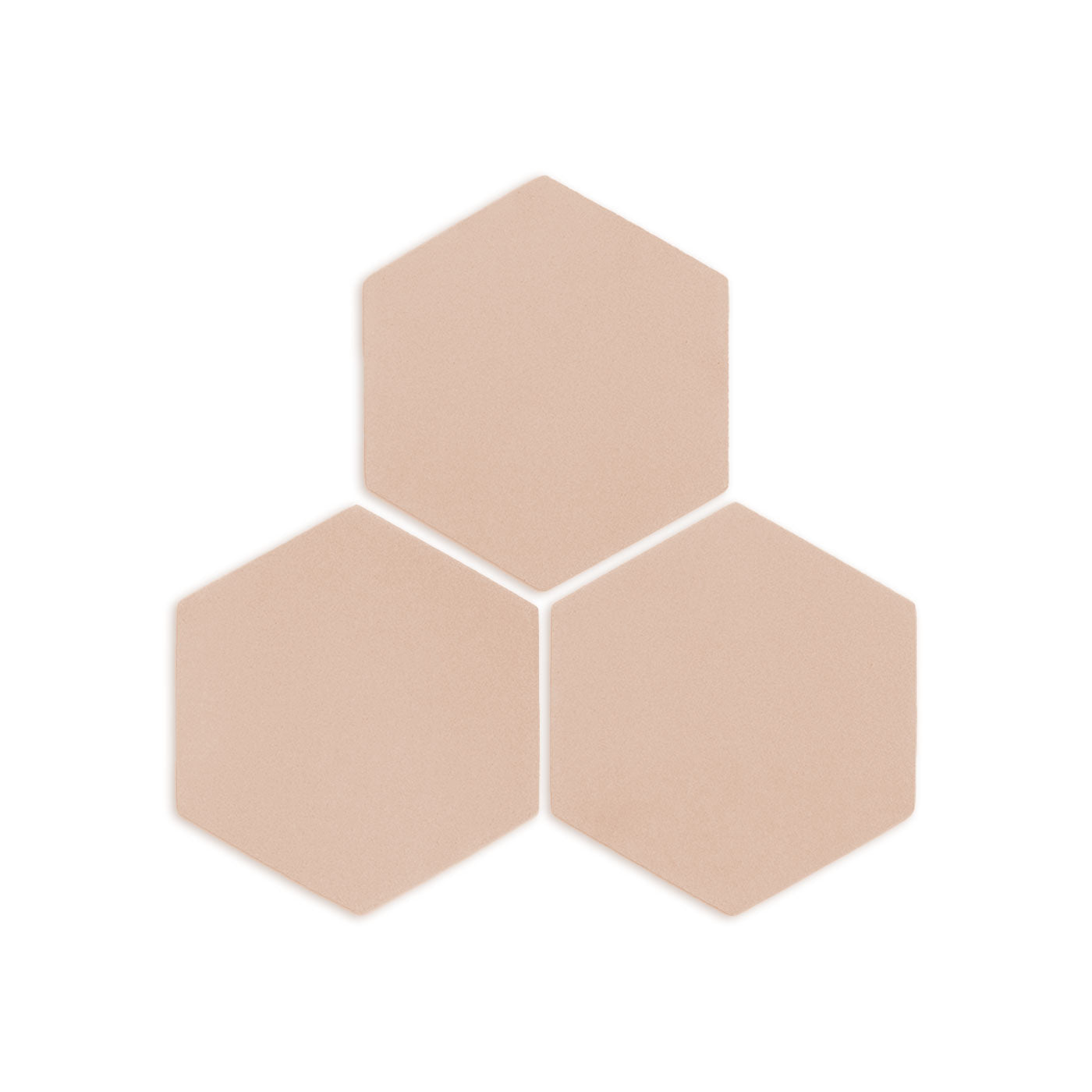 Three textured hexagon sand-colored clay tiles by Clay Imports, arranged in a triangular pattern.