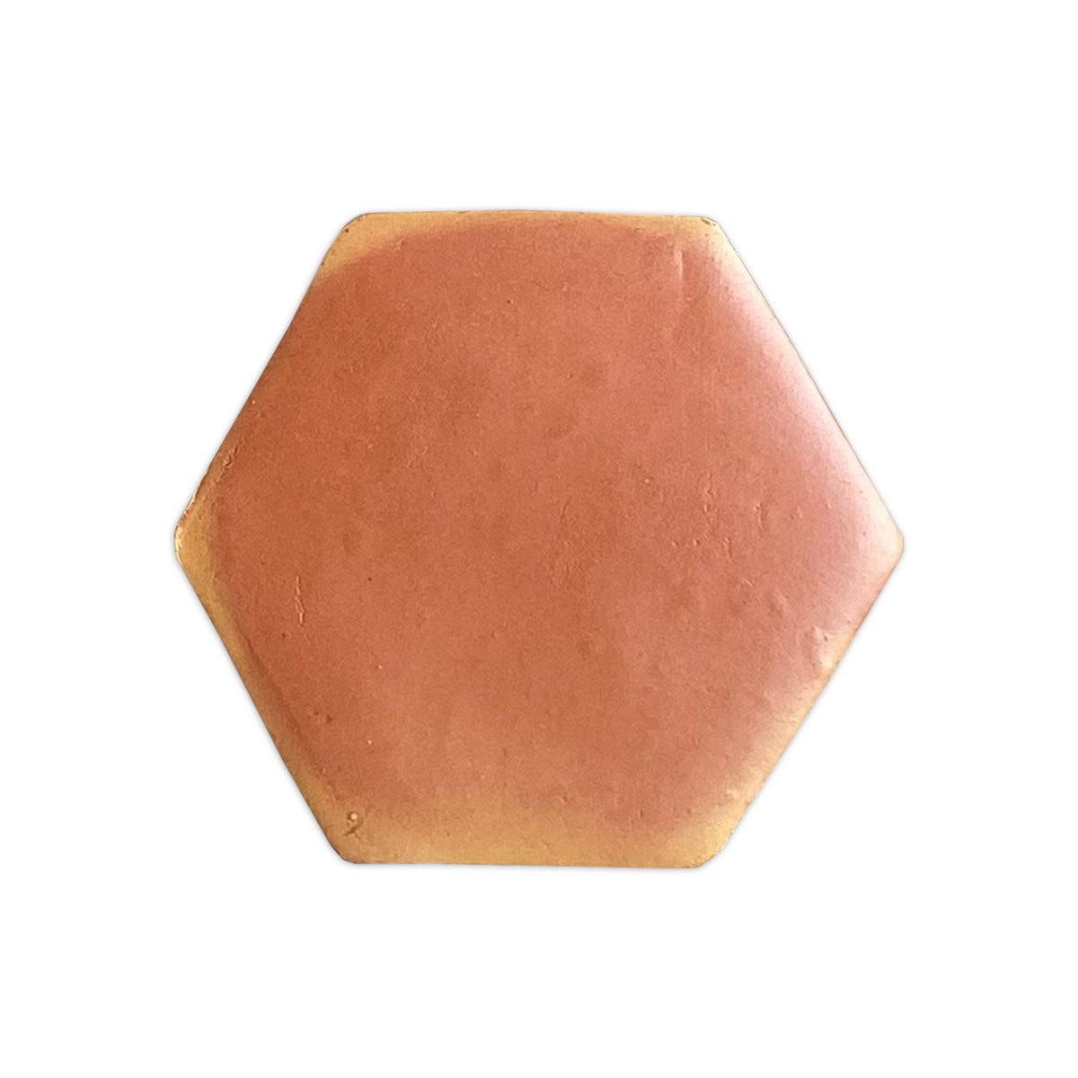 Terracotta hexagon smooth satin tile sample by Clay Imports Saltillo Tile, shown from a top-down view.