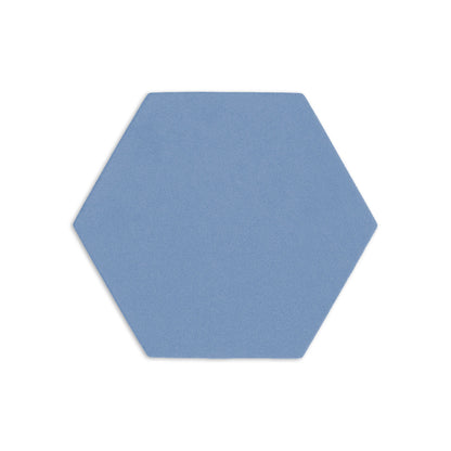 Denim blue hexagon clay tile by Clay Imports with a matte, textured surface and a soft shadow.