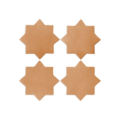 Four star-shaped terracotta tiles by Clay Imports, featuring an 8-point design, arranged on a white background.