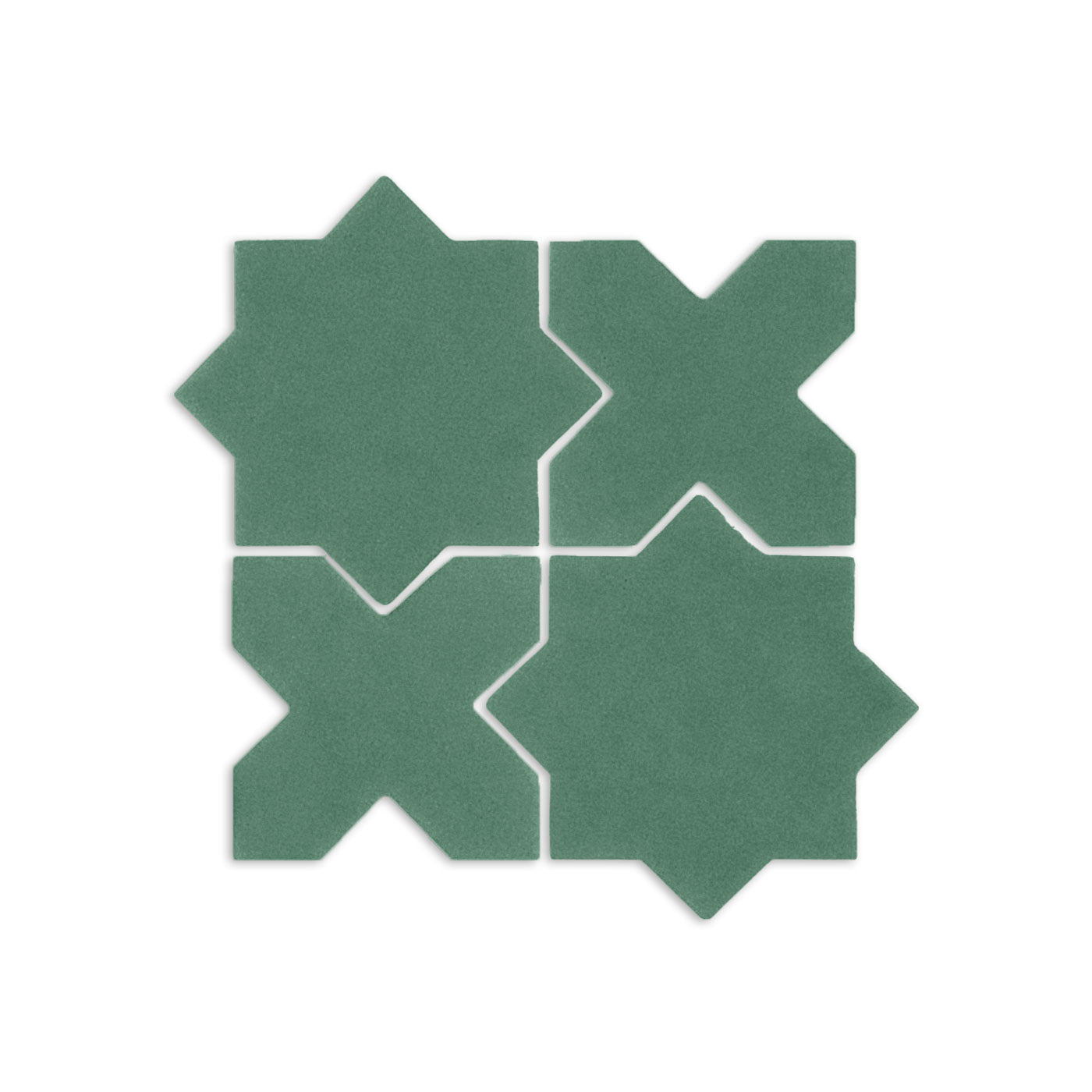 Cilantro green solid tile by Clay Imports, featuring four interlocking geometric star and cross shapes with a matte finish.