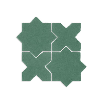 Cilantro green solid tile by Clay Imports, featuring four interlocking geometric star and cross shapes with a matte finish.