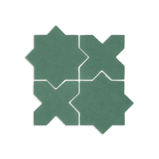 Cilantro green solid tile by Clay Imports, featuring four interlocking geometric star and cross shapes with a matte finish.