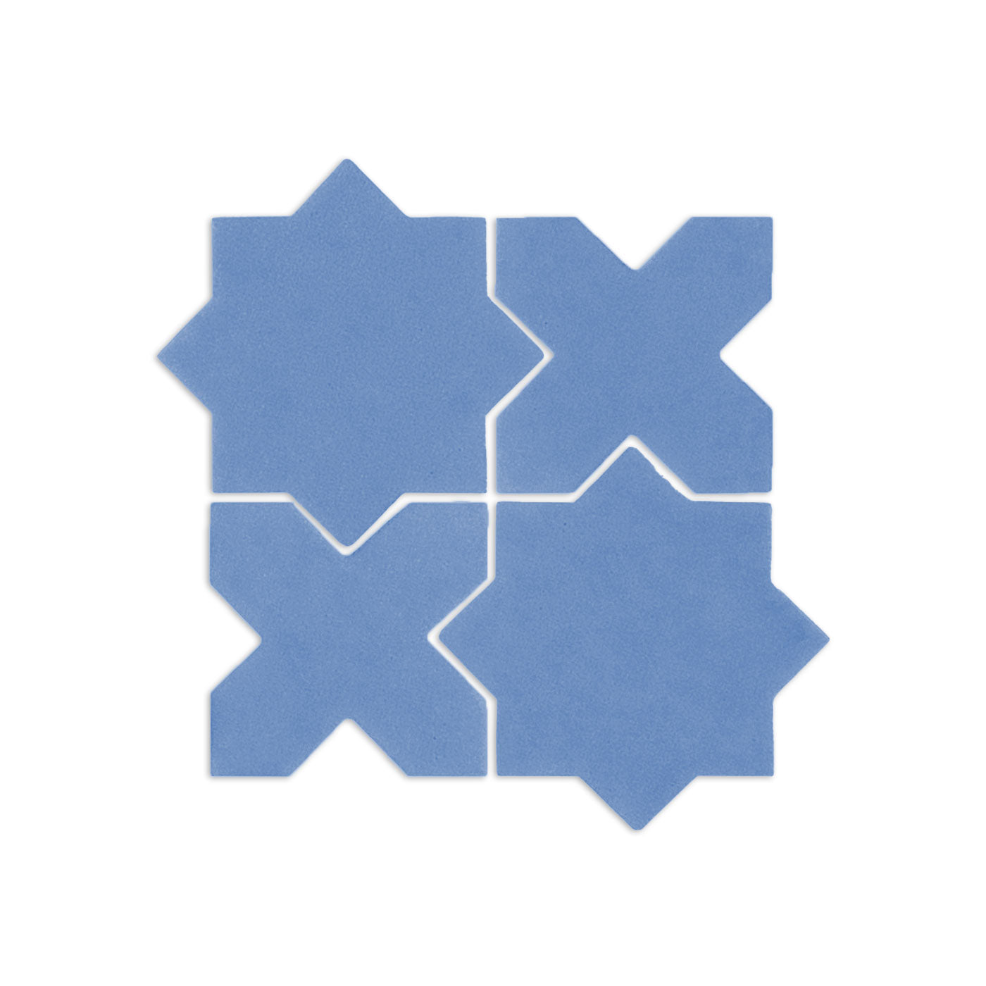 Denim blue Mini Star & Cross clay tiles by Clay Imports, arranged in an interlocking pattern on a white background.