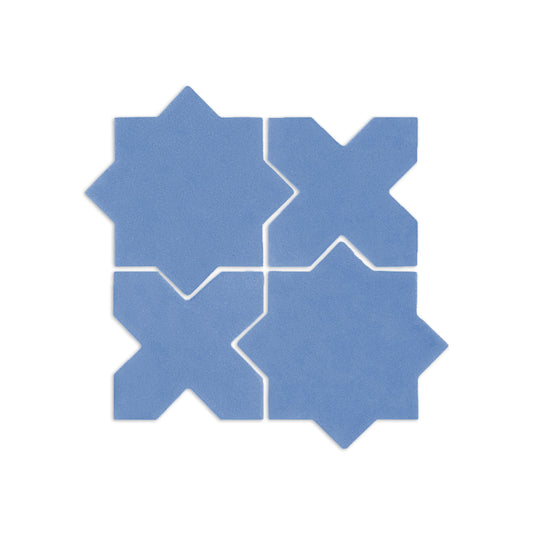 Denim blue Mini Star & Cross clay tiles by Clay Imports, arranged in an interlocking pattern on a white background.