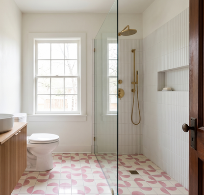 Mod Confetti 4.25x4.25 Solid Tile in a white and pink half-circle pattern by Clay Imports, covering a bathroom floor and shower.