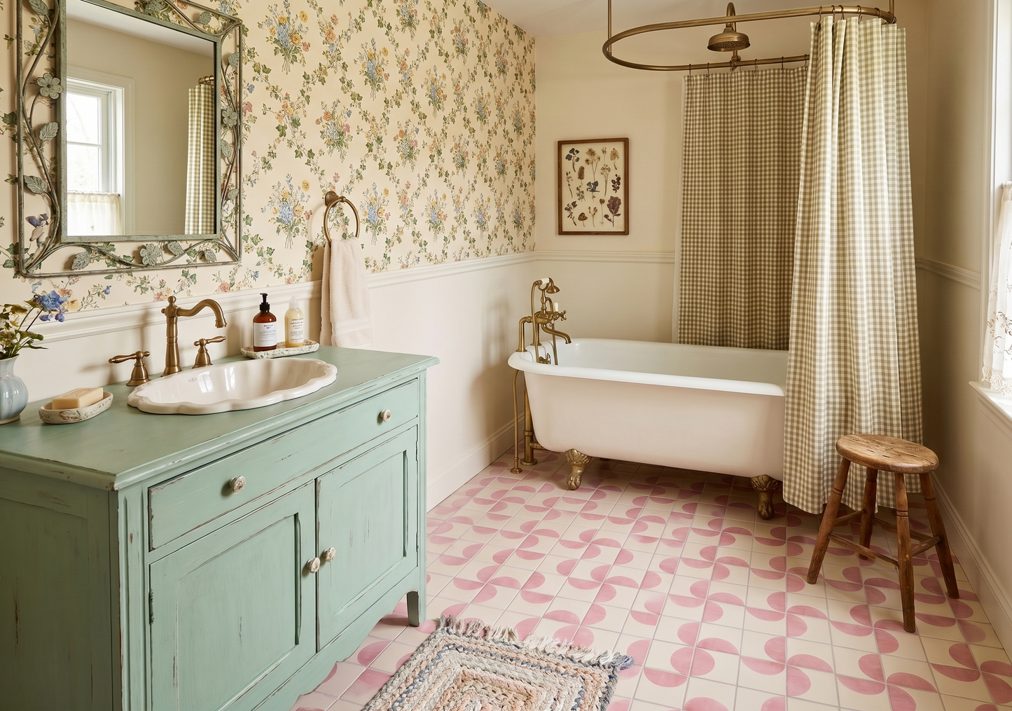 Pink and cream geometric Mod Confetti solid tile from Clay Imports, featuring a playful semi-circle pattern on a bathroom floor.