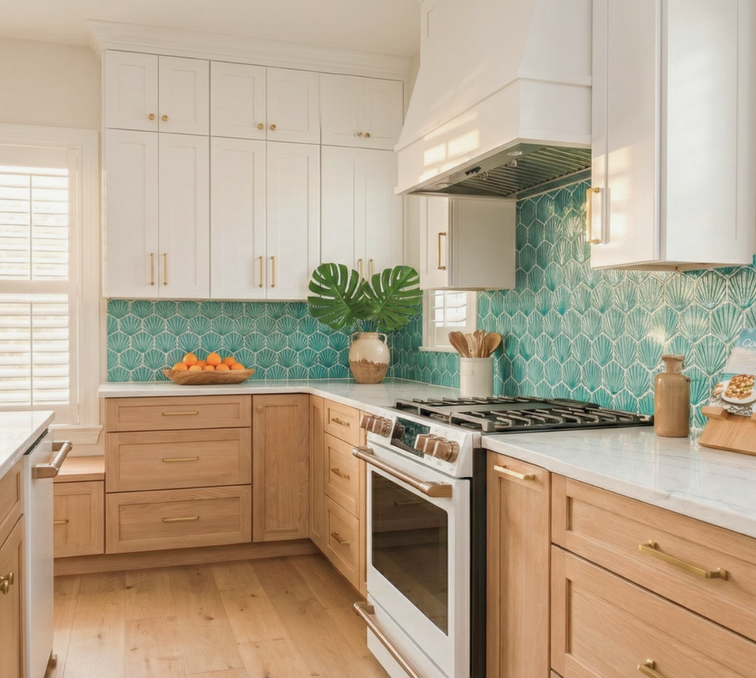 Solid Tile with teal and white stylized palm frond pattern by Clay Imports, installed as a kitchen backsplash.