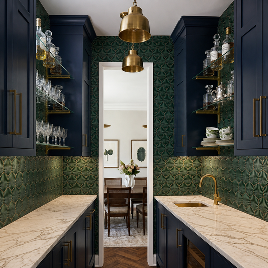 Emerald green Palmas solid tile by Clay Imports in a wet bar setting with dark cabinets and marble counters, featuring a fan-like pattern.