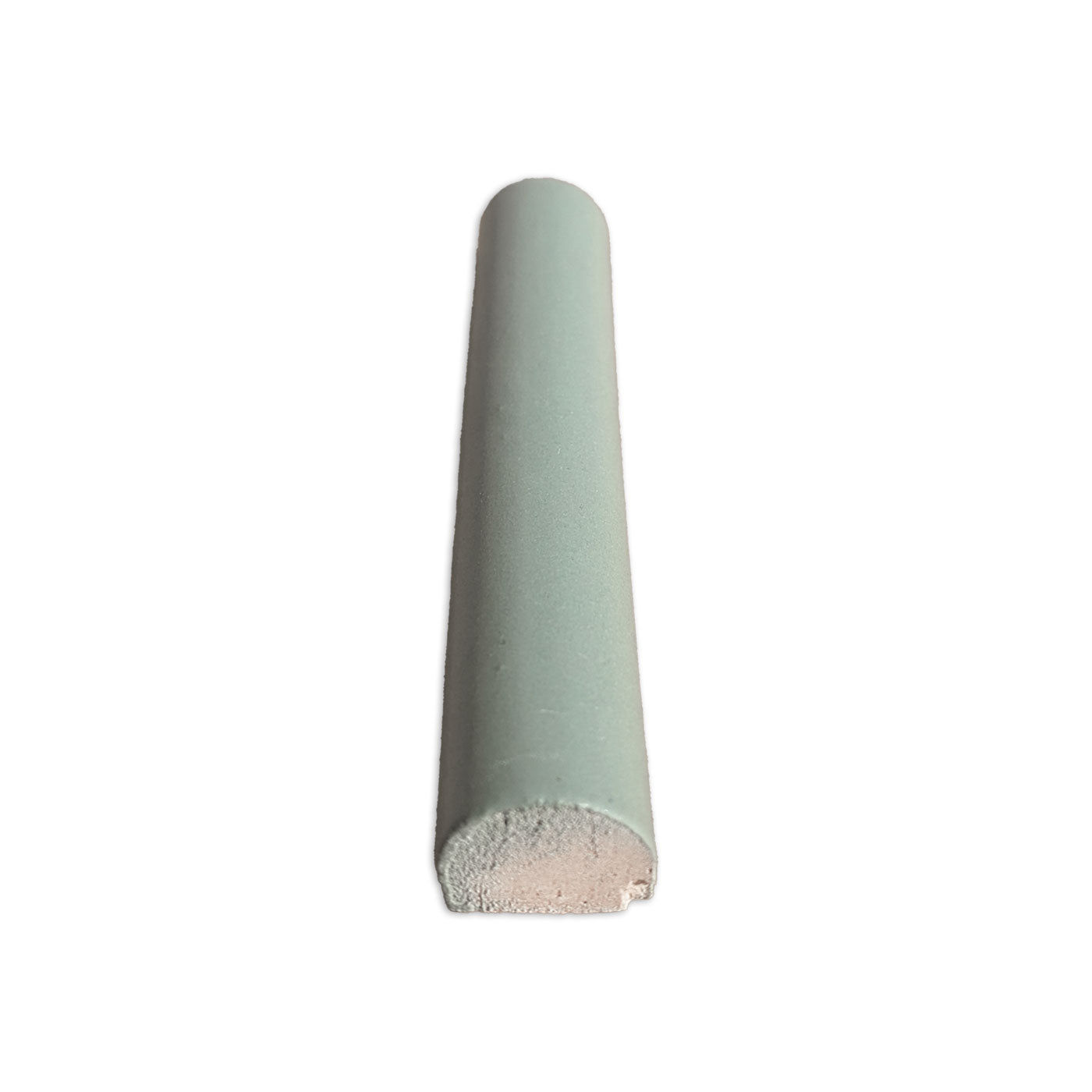 Muted green half-round pencil liner tile by Clay Imports, with a rough, lighter interior at the cut end.