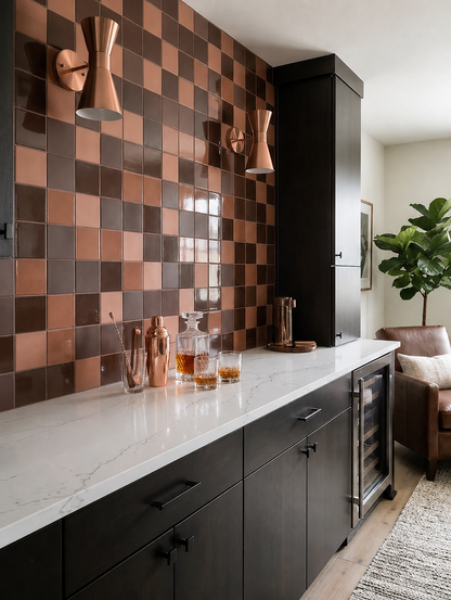 Saddle square clay tiles by Clay Imports in a glossy checkerboard pattern on a bar wall.