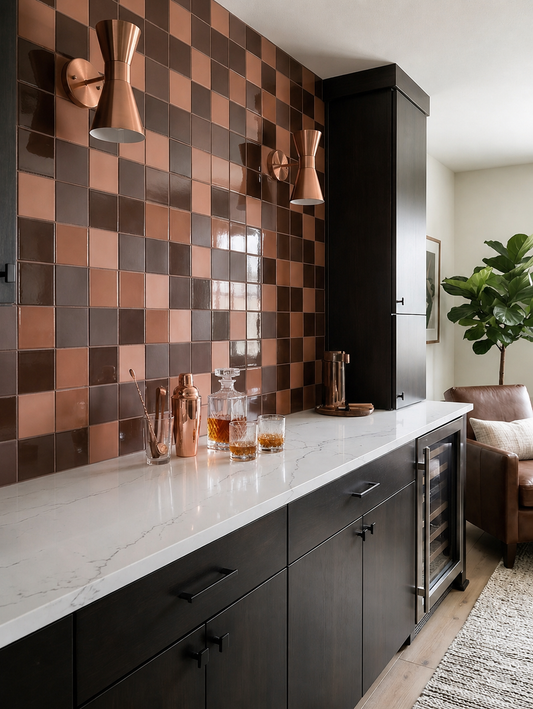 Saddle square clay tiles by Clay Imports in a glossy checkerboard pattern on a bar wall.