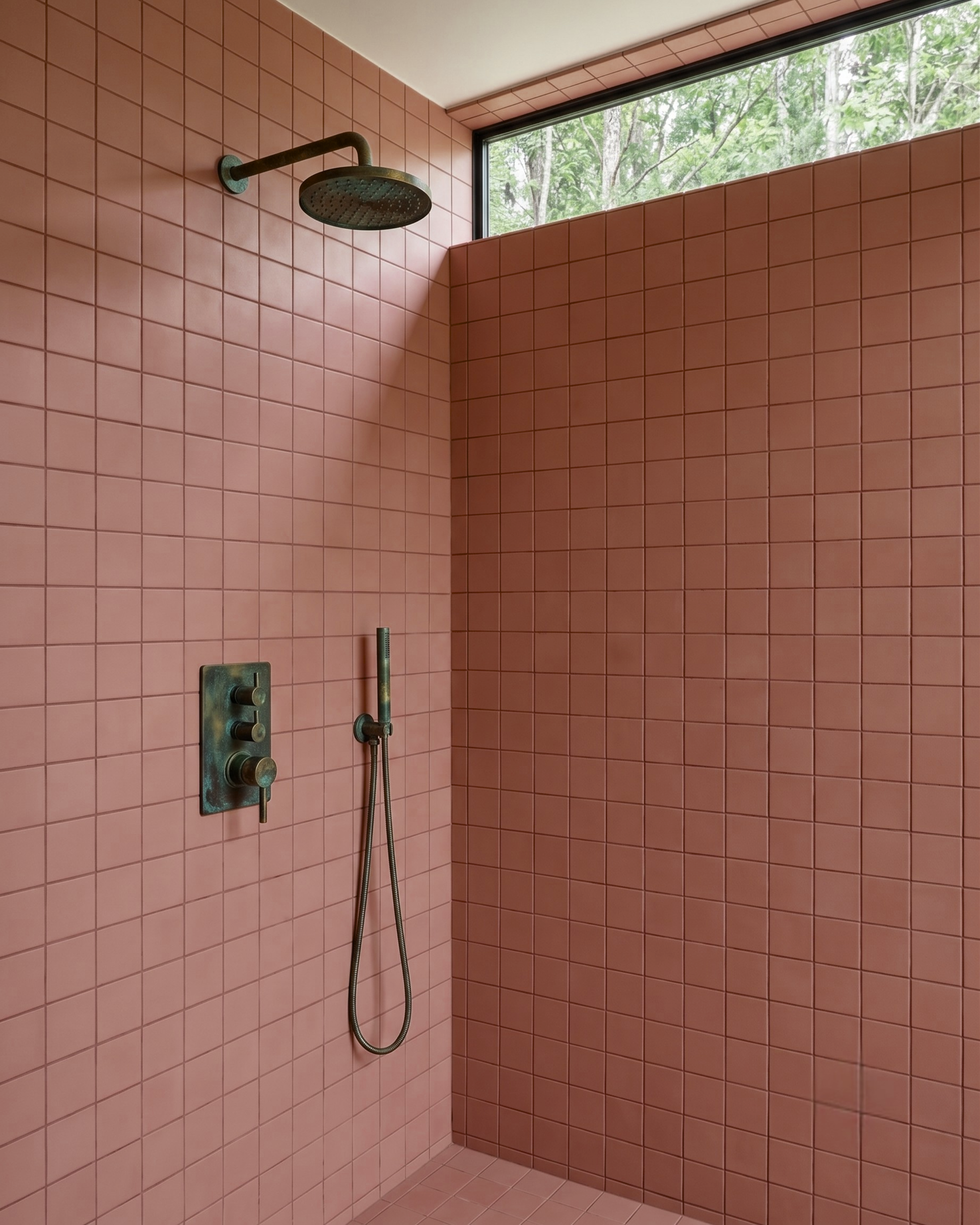 A modern shower enclosure with pink square wall tiles, a dark bronze shower head and handheld shower, and a large window showing green trees outside.