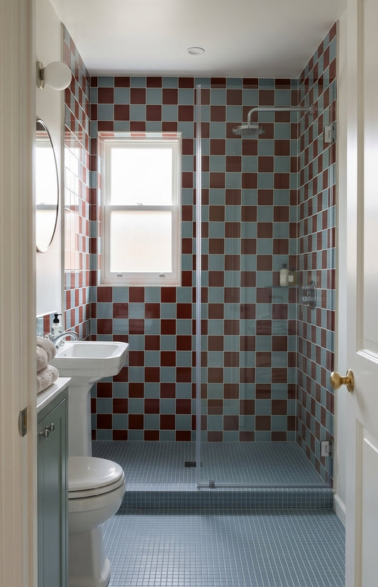 A small modern bathroom features striking burgundy and blue checkered wall tiles, a sleek glass walk-in shower, a white pedestal sink, and a matching toilet.