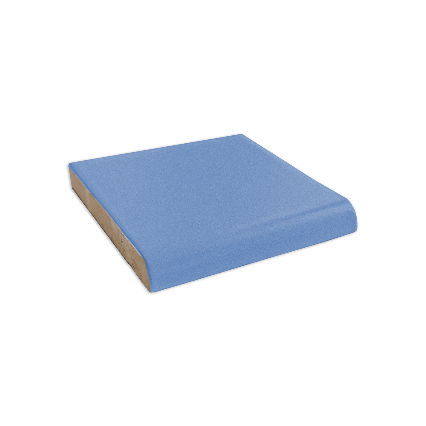 Single Bullnose Denim Matte Tile by Clay Imports, a square-shaped blue-grey piece with one rounded edge.