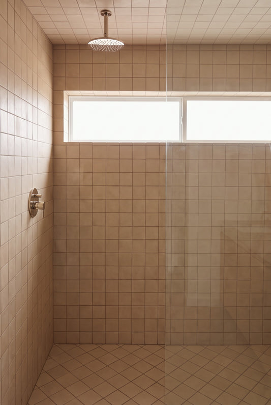A modern walk-in shower features beige square wall tiles, matching mosaic floor tiles, polished nickel fixtures, and a glass partition.