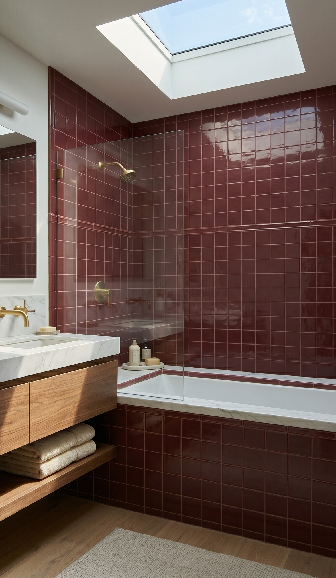 Burgundy Gloss 4x4 Solid Tile by Clay Imports, covering a bathroom wall and tub surround with white grout and a reflective finish.