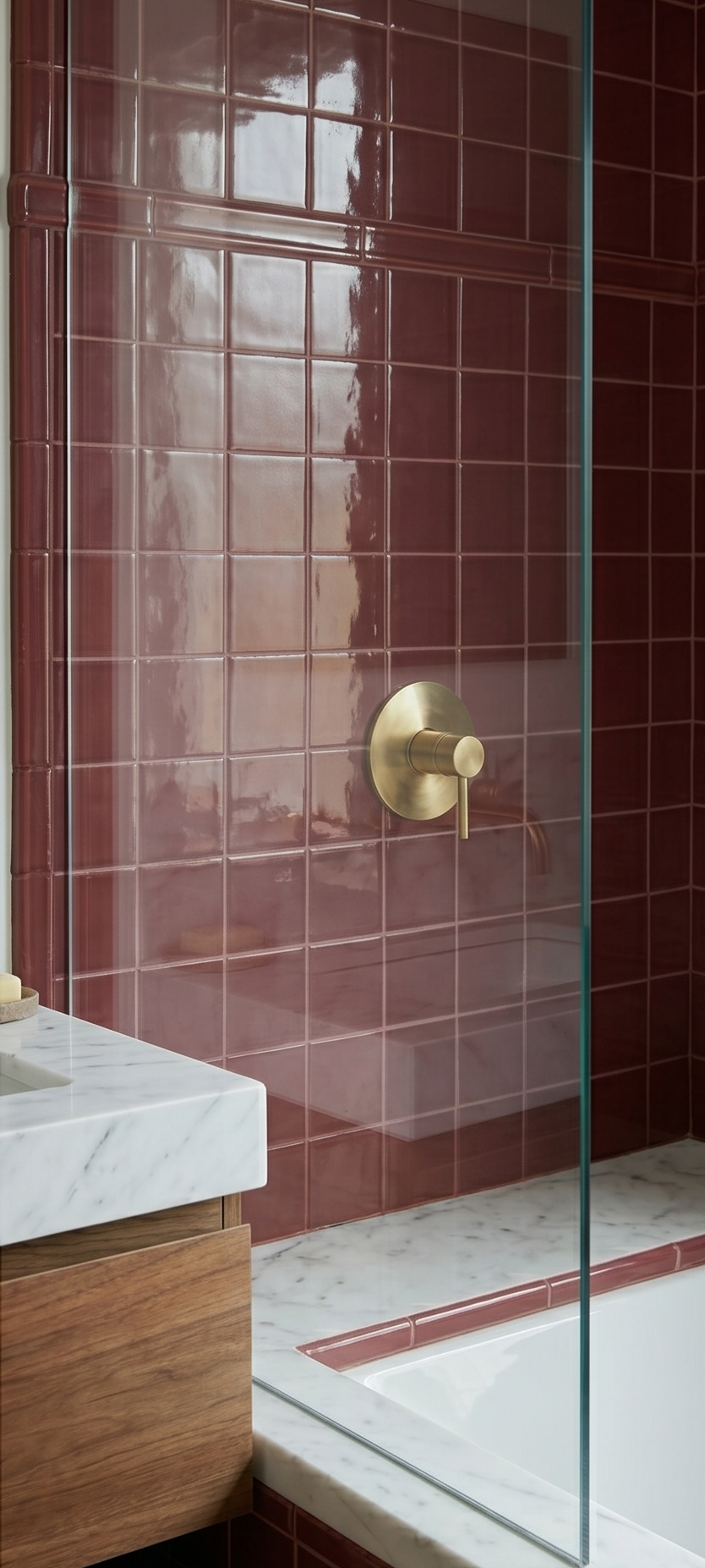 Burgundy Gloss 4x4 Solid Tile by Clay Imports, installed on a shower wall with a gold fixture and marble vanity.