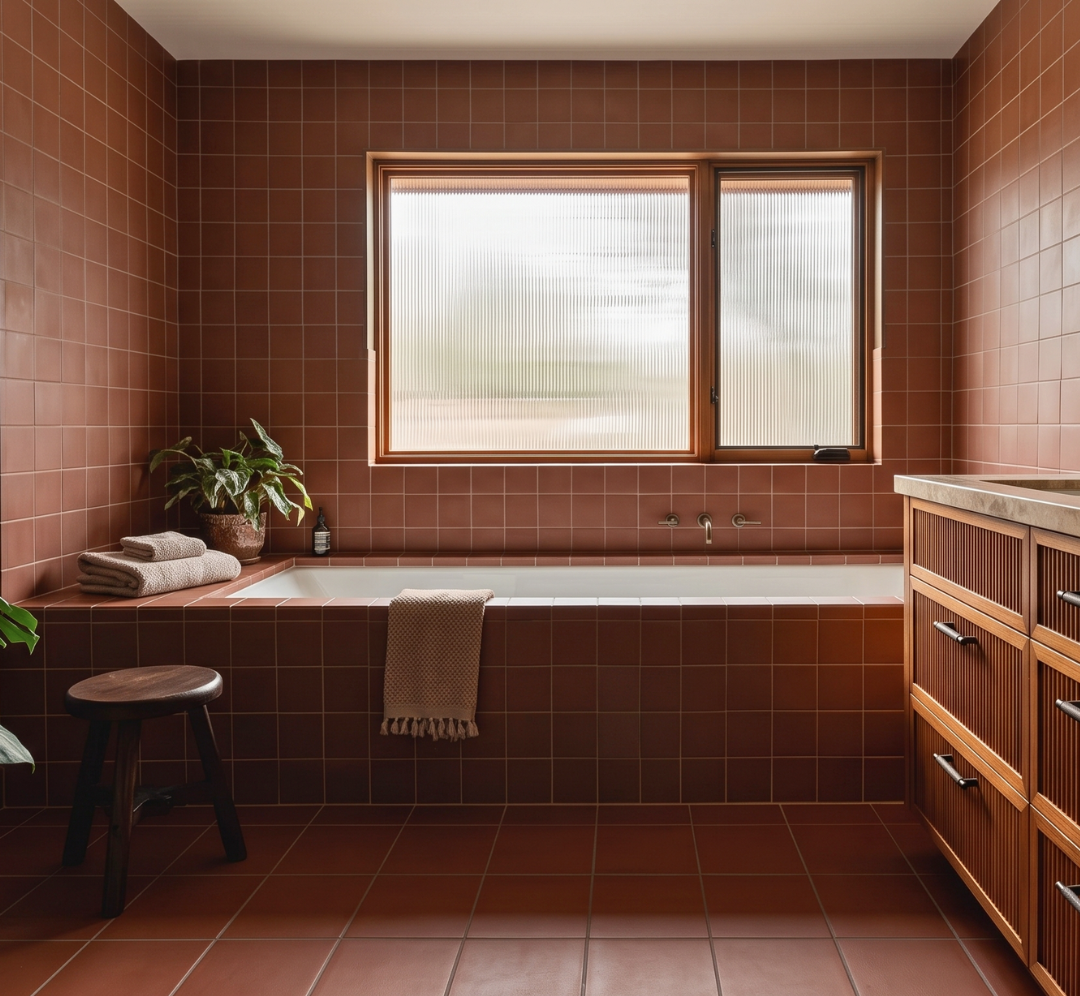 A bathroom interior with terracotta brown tiled walls and floor, a built-in bathtub beneath a frosted window, a wooden stool, folded towels, a potted plant, and a wooden vanity cabinet on the right.