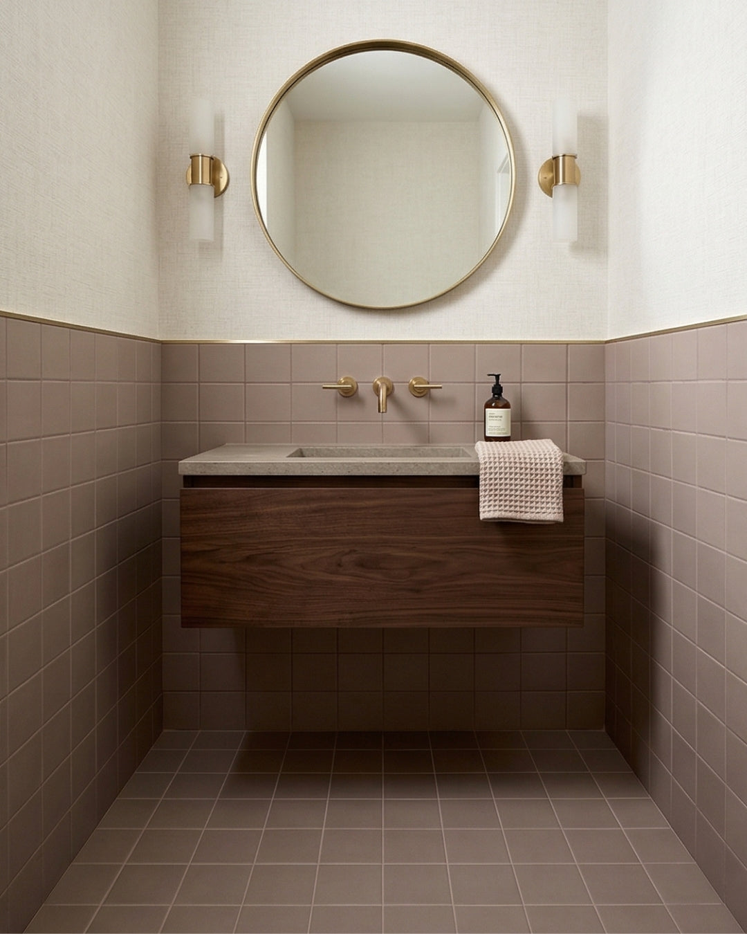 Boot brown 4.25x4.25 square clay tiles by Clay Imports in a modern bathroom with a wooden vanity and gold fixtures.