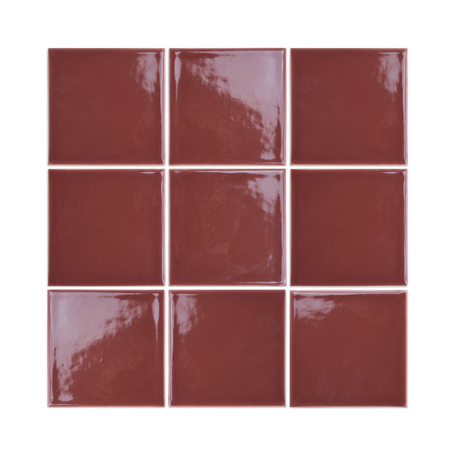 Burgundy Gloss 4x4 Solid Tile by Clay Imports, arranged in a 3x3 grid with thin white grout lines.