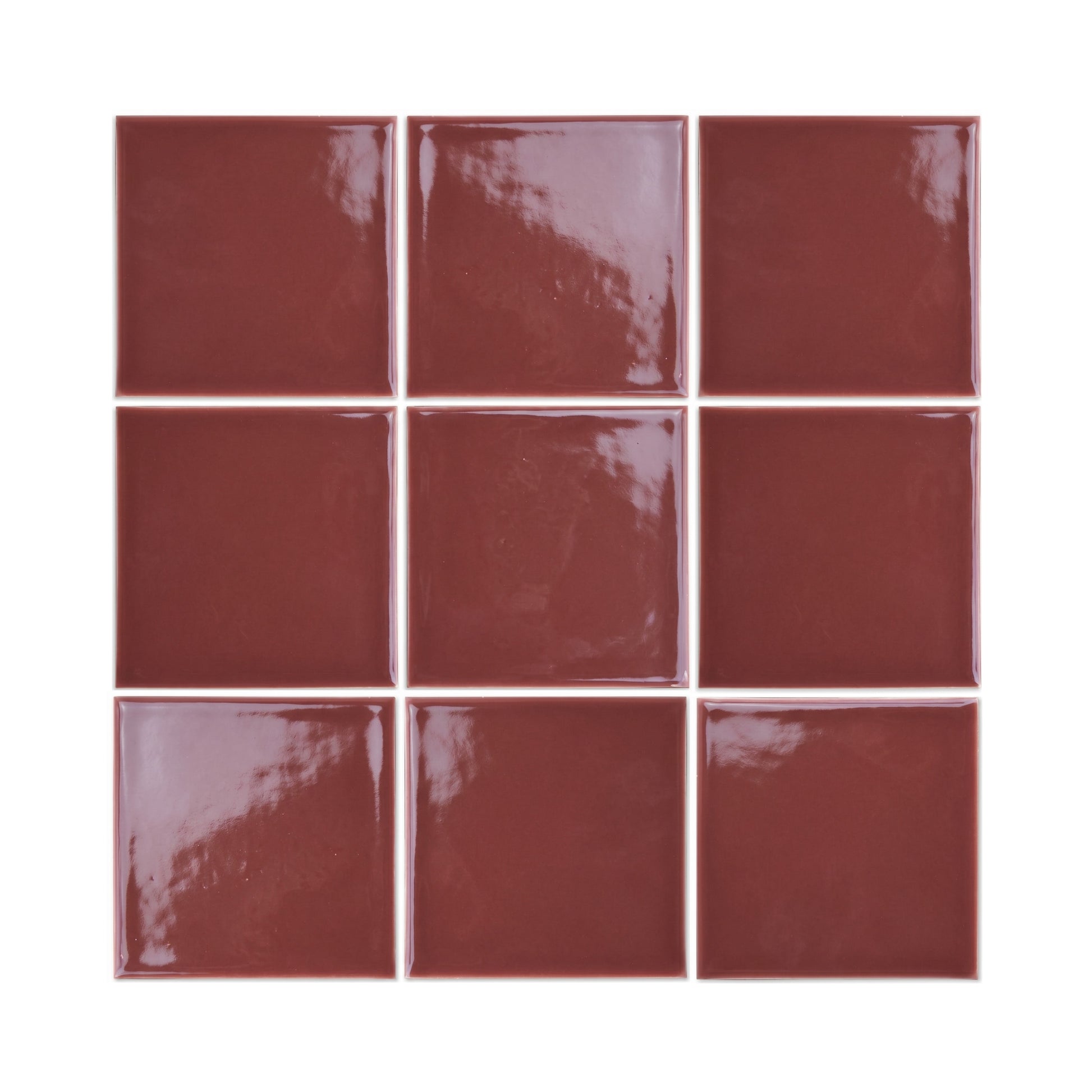 Burgundy Gloss 4x4 Solid Tile by Clay Imports, arranged in a 3x3 grid with thin white grout lines.