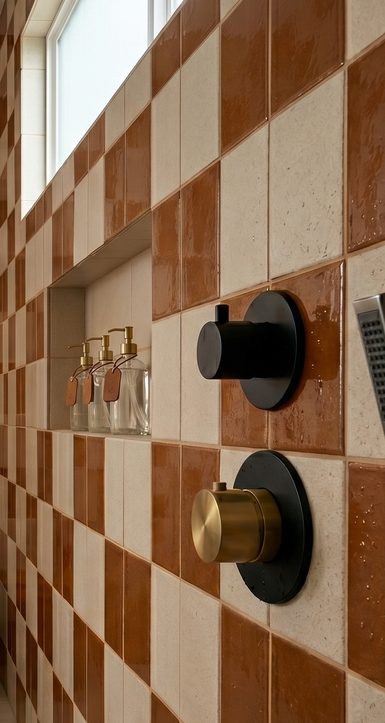 Brown and beige checkered solid tile wall with glossy finish, featuring black and brass shower fixtures and glass soap dispensers in a bathroom setting.