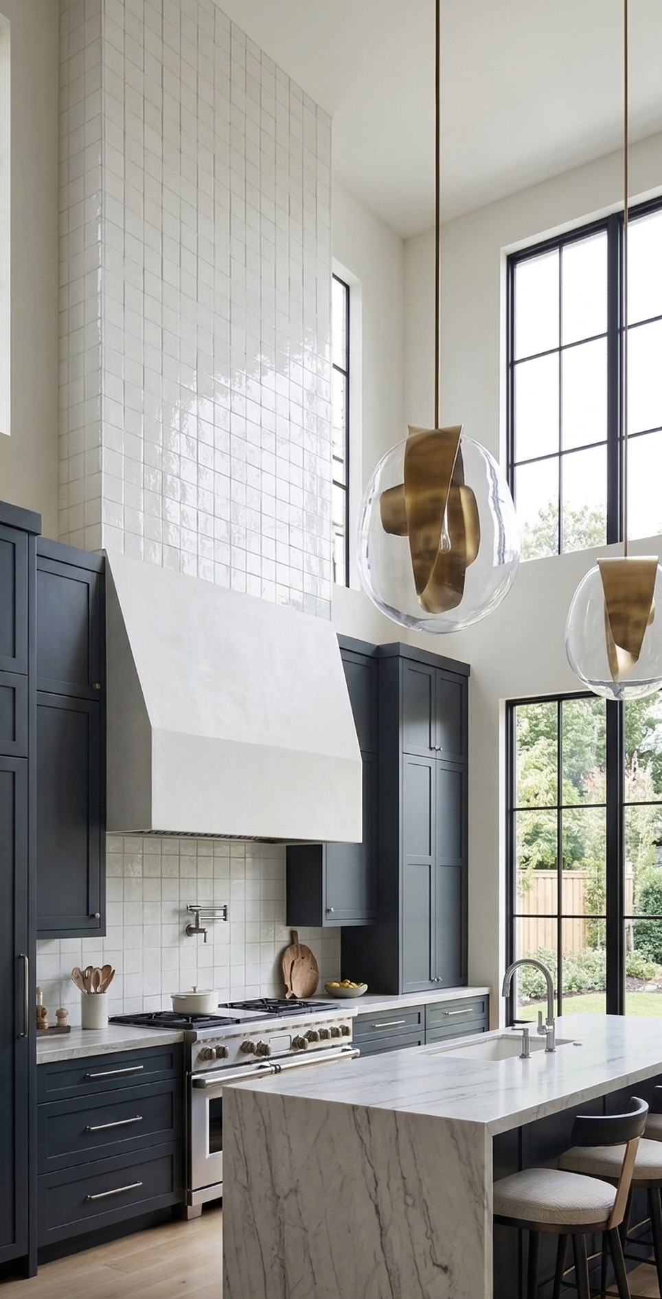 White 4x4 solid tiles with a crackle gloss finish by Clay Imports, covering a tall kitchen wall and backsplash in a grid pattern.