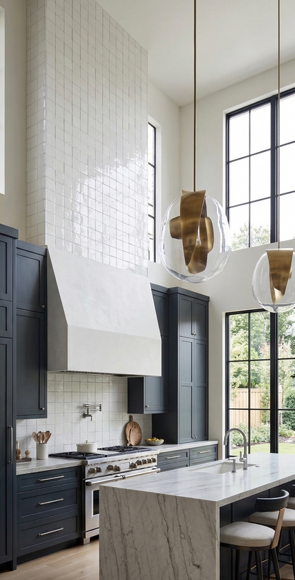White 4x4 solid tiles with a crackle gloss finish by Clay Imports, covering a tall kitchen wall and backsplash in a grid pattern.