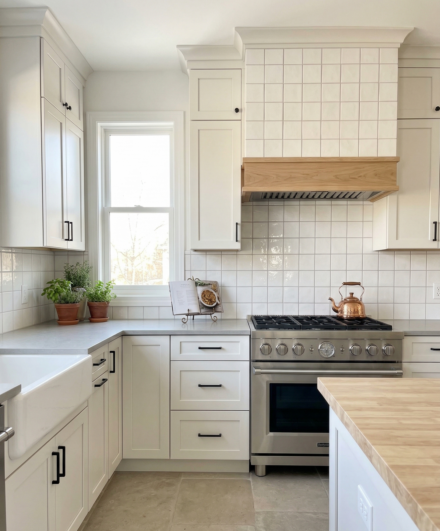 Drift Crackle Gloss 4x4 Solid Tile by Clay Imports, installed as a light-colored, glossy square grid kitchen backsplash.