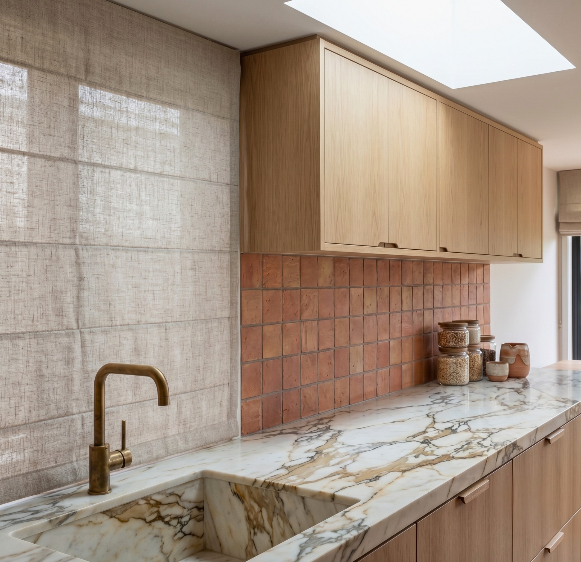 A modern kitchen interior featuring light oak wood cabinets, a white and gold veined marble countertop, a terracotta tile backsplash, and a brass faucet.