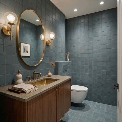 Ivy dusty blue square clay tiles by Clay Imports covering bathroom walls and floor.