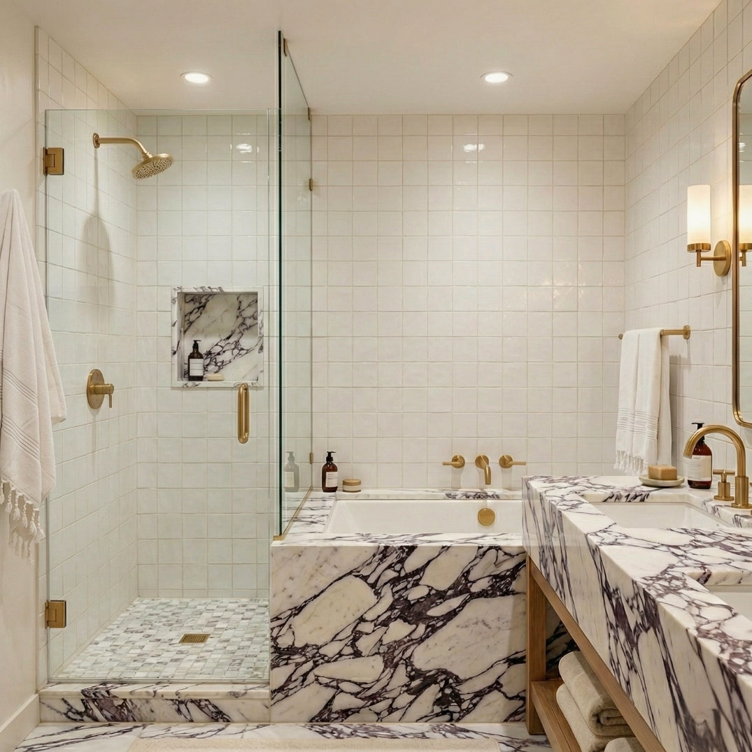 White 4.25x4.25 Solid Tile by Clay Imports, used as wall tiling in a modern bathroom with purple marble and gold fixtures.