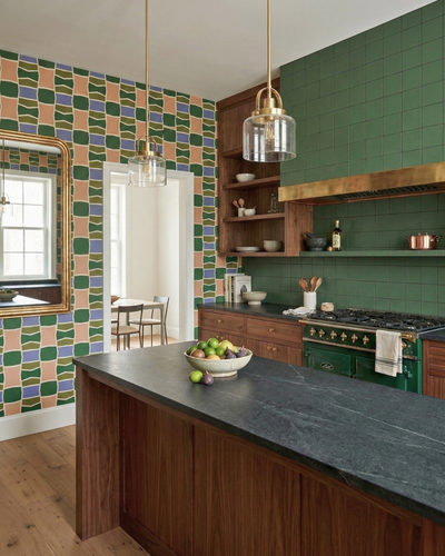 Cilantro green square clay tiles by Clay Imports installed as a kitchen backsplash with a smooth finish.