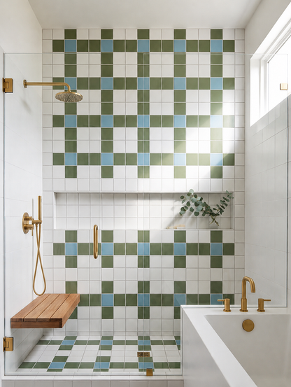 Green, blue, and white matte solid tiles by Clay Imports forming a checkerboard pattern in a modern bathroom shower.