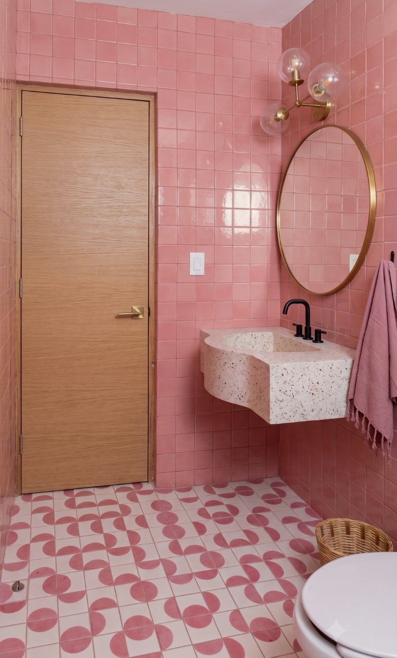 A modern bathroom interior with pink tiled walls and floor, a floating stone sink, black faucet, round gold-framed mirror, gold wall sconce, and a light wood door.
