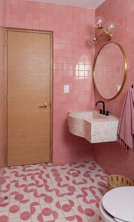A modern bathroom interior with pink tiled walls and floor, a floating stone sink, black faucet, round gold-framed mirror, gold wall sconce, and a light wood door.