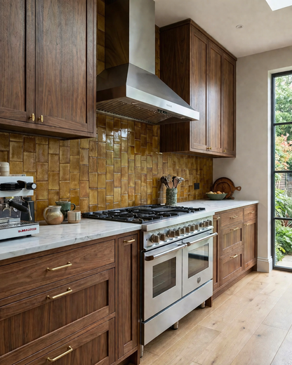 Nectar 4.25x4.25 clay tiles by Clay Imports forming a glossy golden kitchen backsplash.