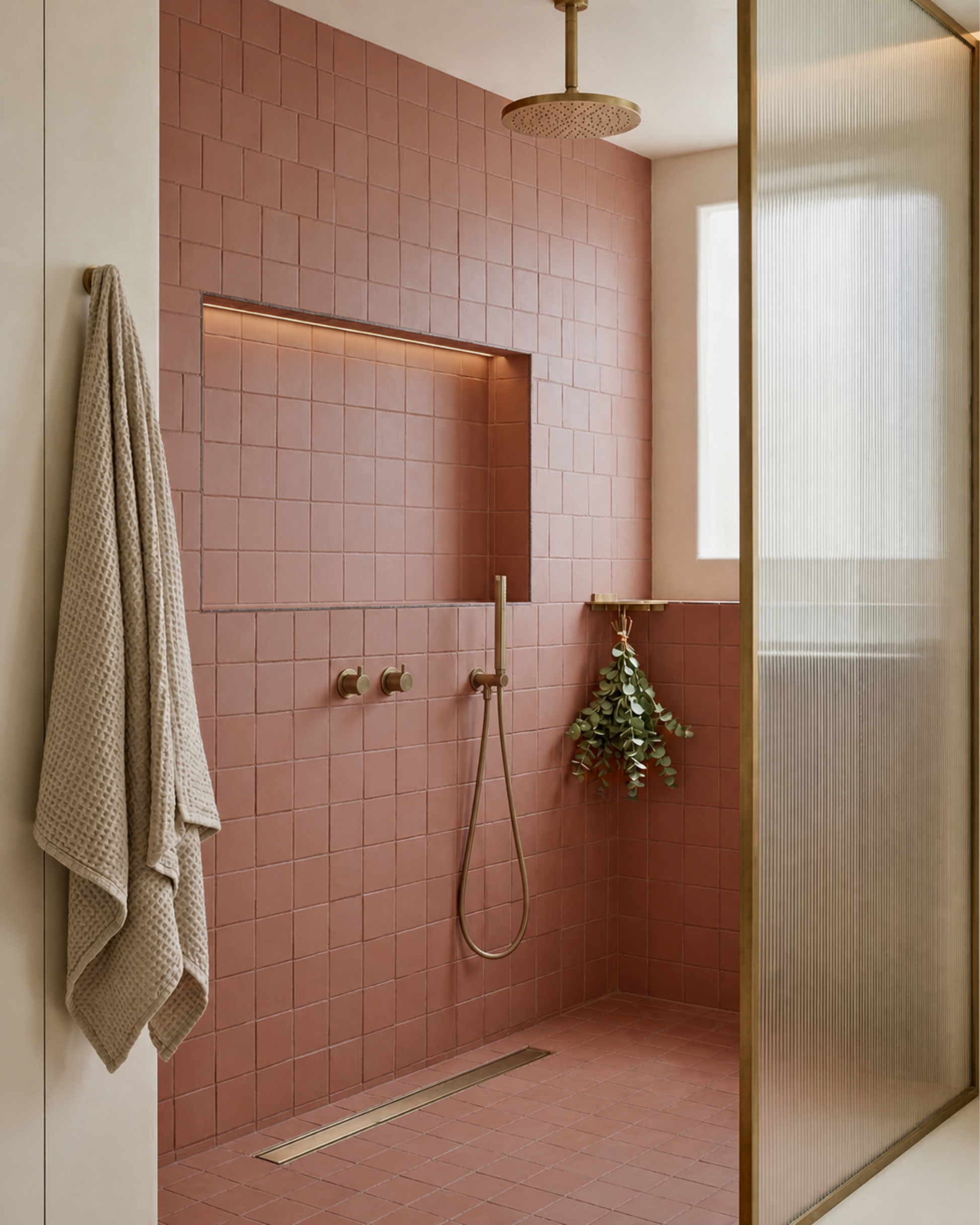 Pink square clay tiles by Clay Imports in a shower with bronze fixtures and a lighted wall niche.