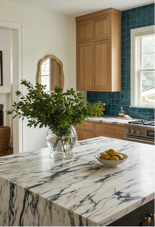 Solid tile Rio 4.25x4.25 by Clay Imports in a glossy teal color, forming a kitchen backsplash.