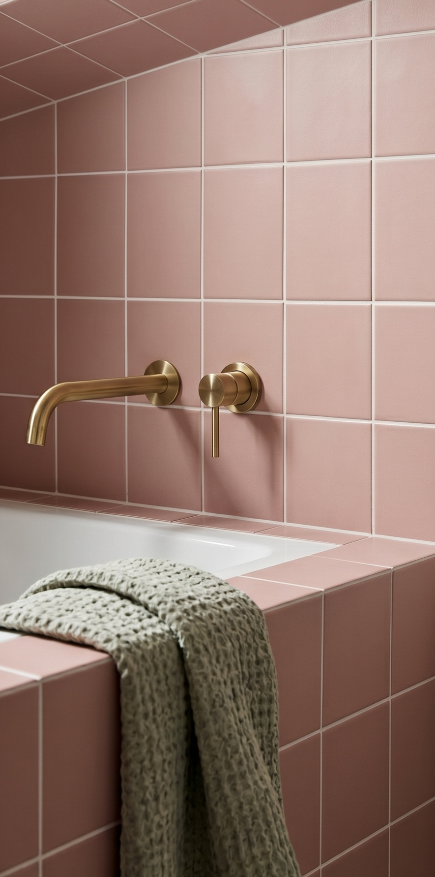 Rosewater Matte 4x4 tile by Clay Imports, installed in a bathroom with brass fixtures and a green towel.
