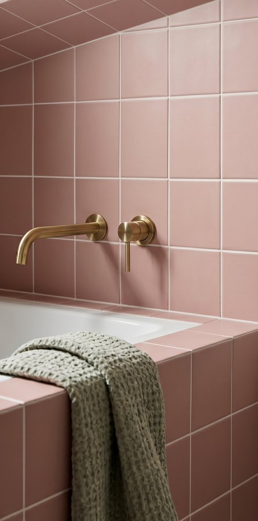 Rosewater Matte 4x4 tile by Clay Imports, installed in a bathroom with brass fixtures and a green towel.