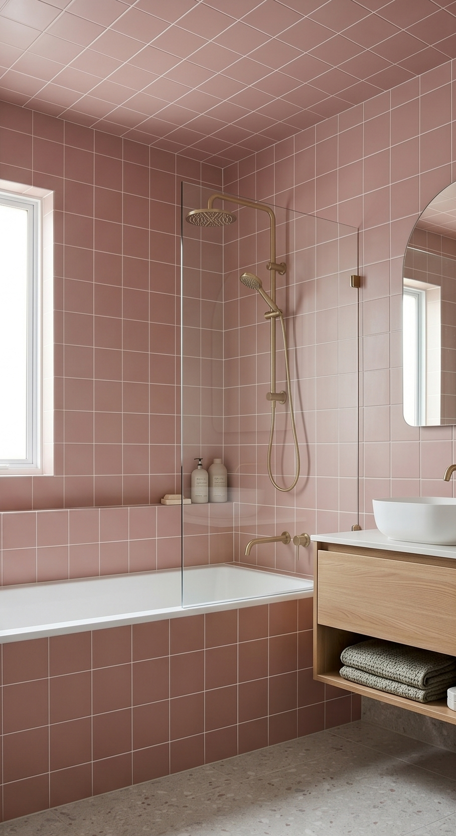 Rosewater Matte 4x4 Solid Tile by Clay Imports covering bathroom walls and ceiling with white grout lines, featuring gold fixtures.