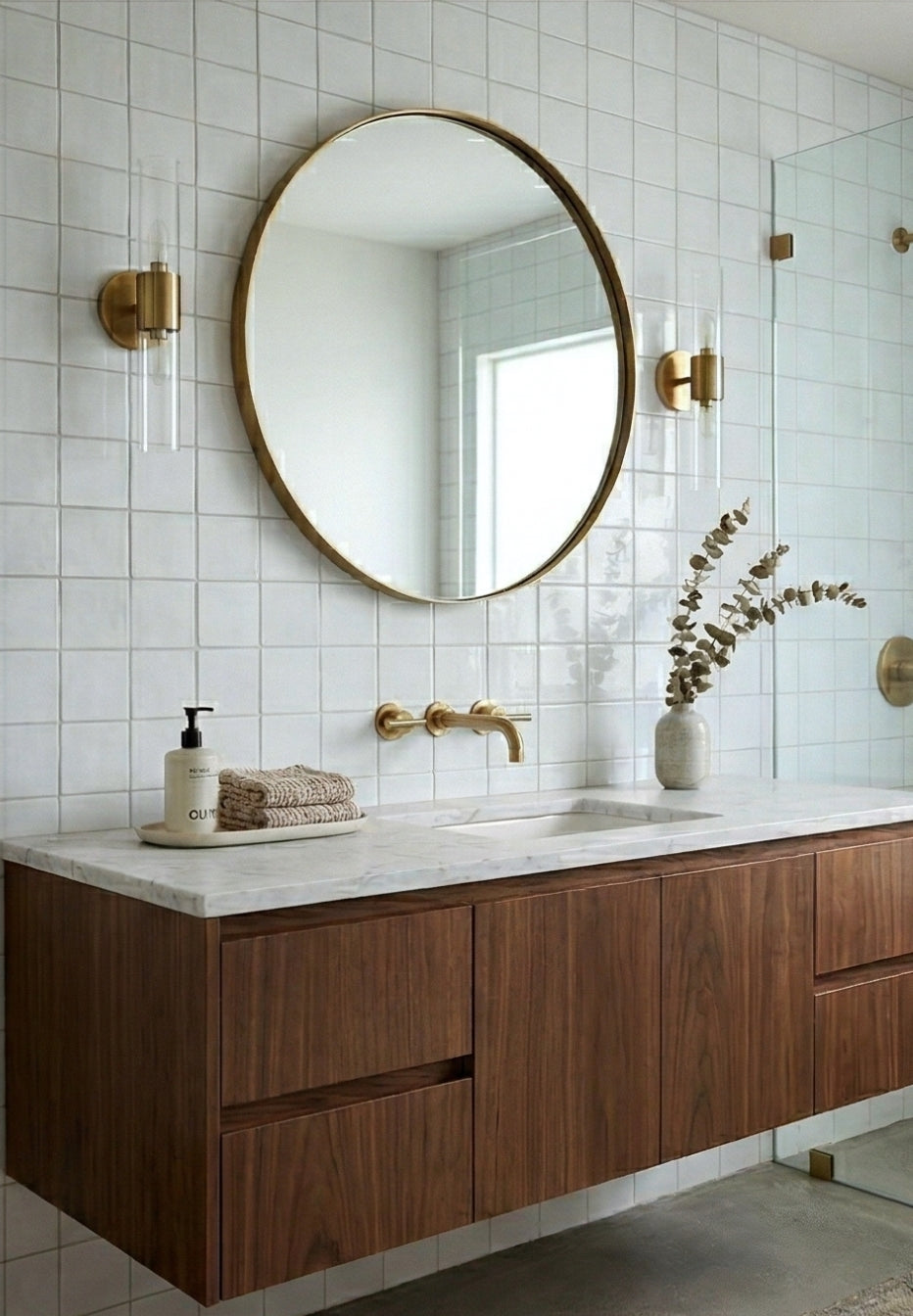 White square solid tile from Clay Imports, featuring slight surface variations, covering a modern bathroom wall.