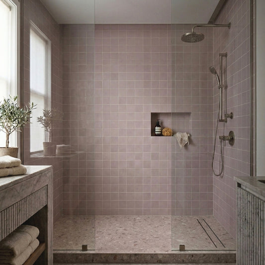 Lavender 4.25x4.25 square clay tiles by Clay Imports with light grout lines on a shower wall.