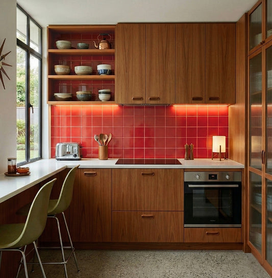 Red square clay tiles by Clay Imports serving as a backsplash in a modern kitchen with wooden cabinets.
