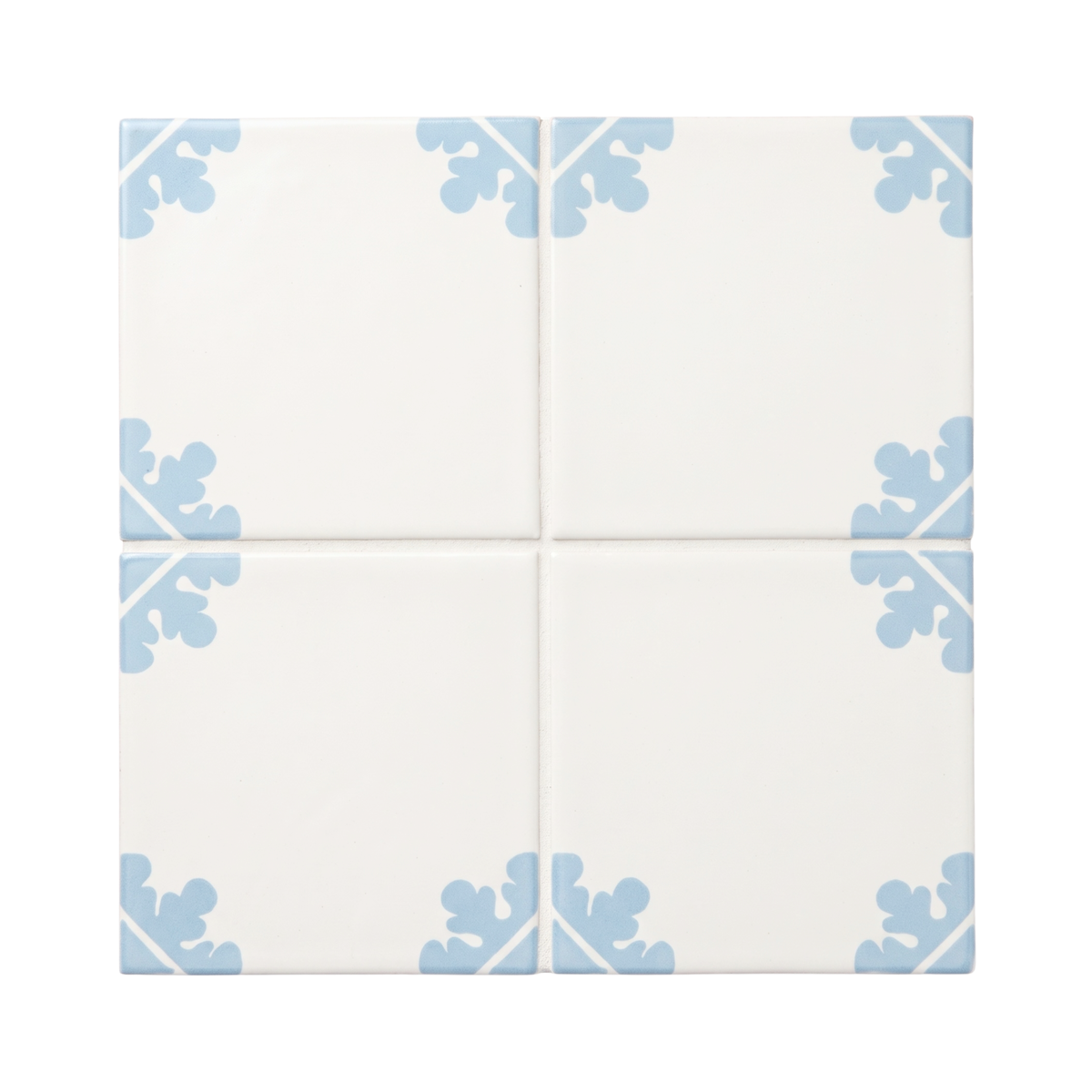 Four square ceramic tiles arranged in a 2x2 grid, featuring an off-white background with a light blue corner floral pattern.